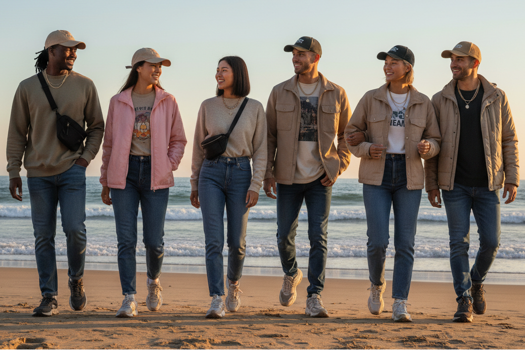 geef modellen op het strand met notrmale kledij om als foto op de webshop te gebruiken